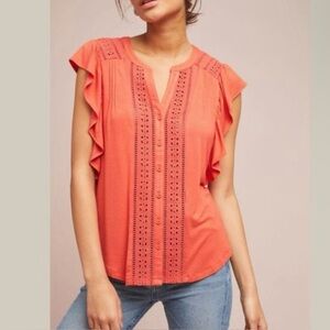 Anthropologie Maeve Coral Eyelet Ruffle Sleeve Blouse Women’s Sz S